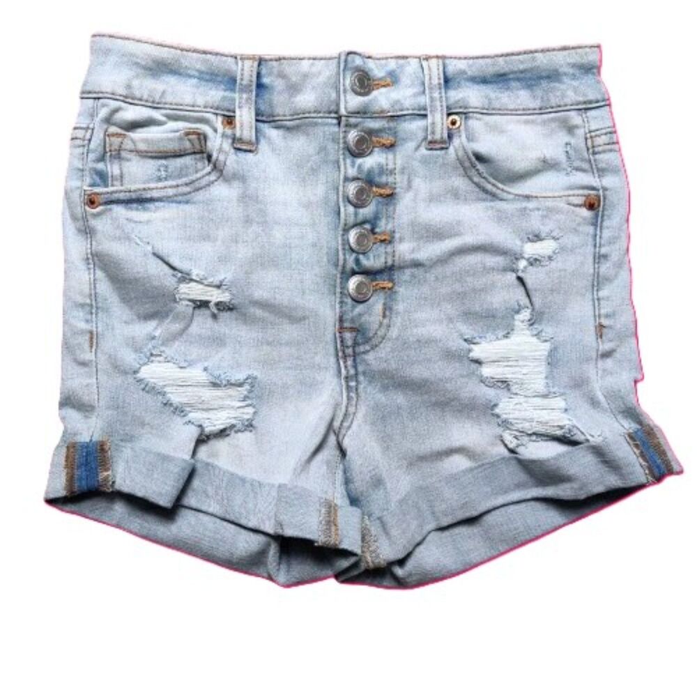 Aeropostale High Rise Midi Denim Shorts Womens Size 2 Button Fly Distressed Blue